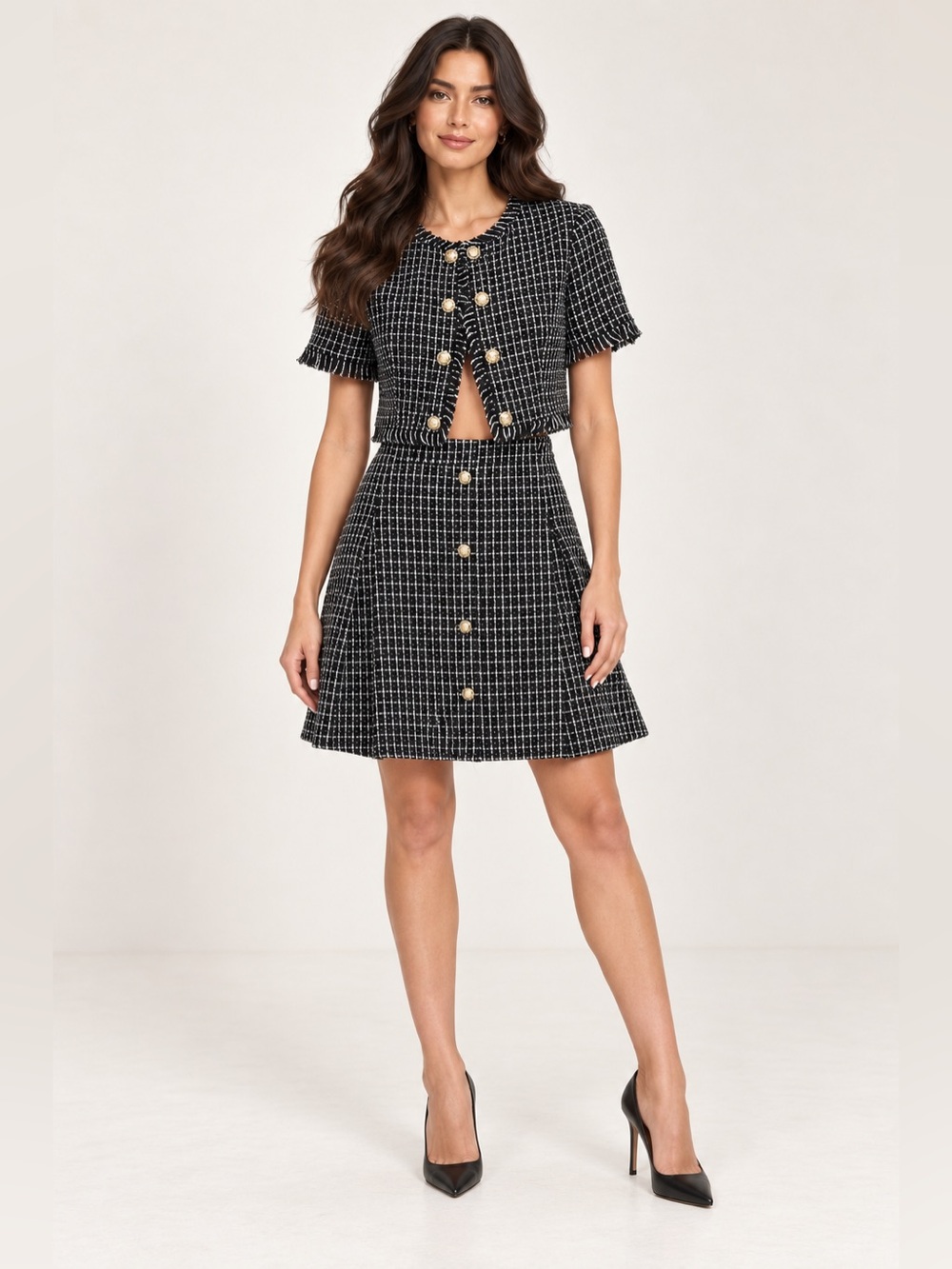 Black & White Tweed Cropped Jacket and Skirt Set